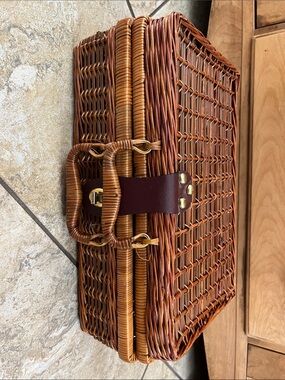 Vintage Wicker Suitcase Style Picnic Basket W/ Leather Strap & Brass Hardware.